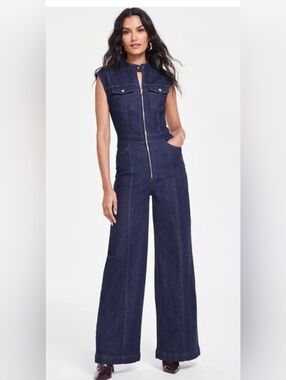INC International Concepts Dark Blue Denim Sleeveless Maxi Jumpsuit